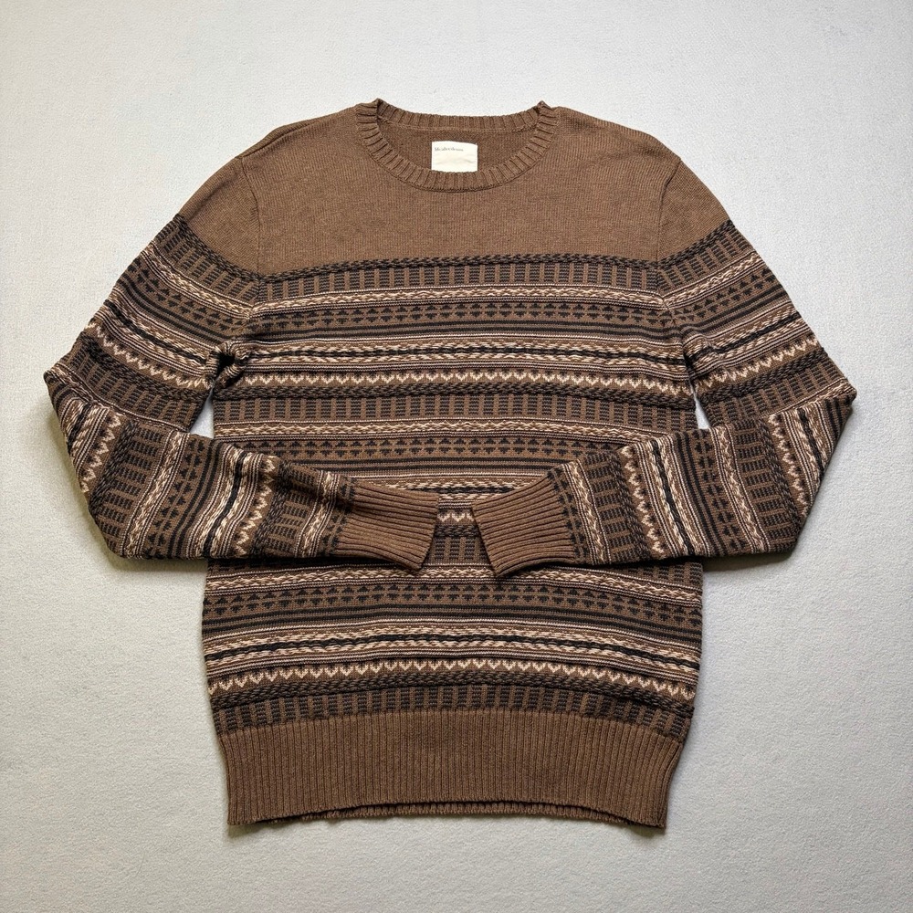 Life After Denim Sweater Mens Medium Brown Fair Isle Crewneck Cotton Knit Top